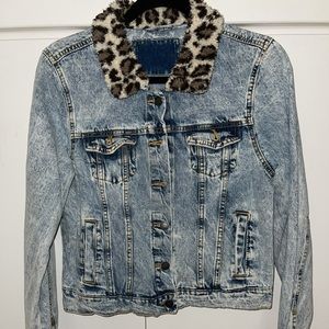 Women’s Furry Cheetah Acid Wash Denim Jacket